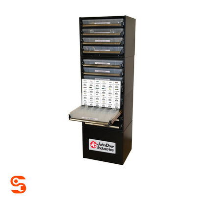 Black tower storage organizer with clear divided drawers, brass handles, labels, and JohnDow Industries base logo