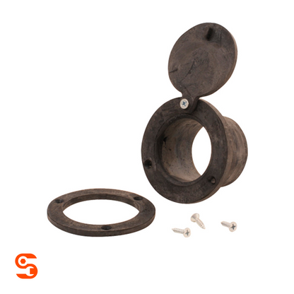 Dark wood door port hose ring with round cover, separate trim ring, and three screws