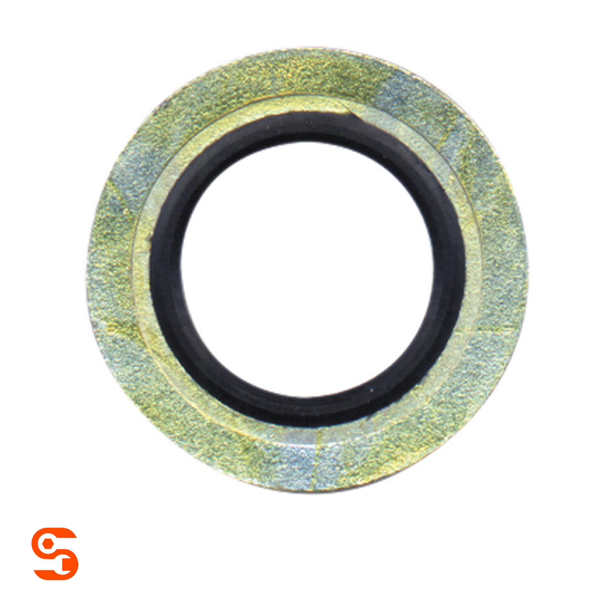 M14 drain plug gasket with black rubber inner ring and gold-toned metal outer washer