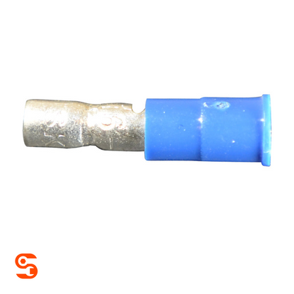 Blue vinyl insulated male bullet terminal connector with silver metal crimp end