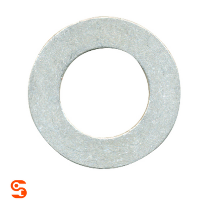 Silver aluminum drain plug gasket washer with a flat round shape and center hole