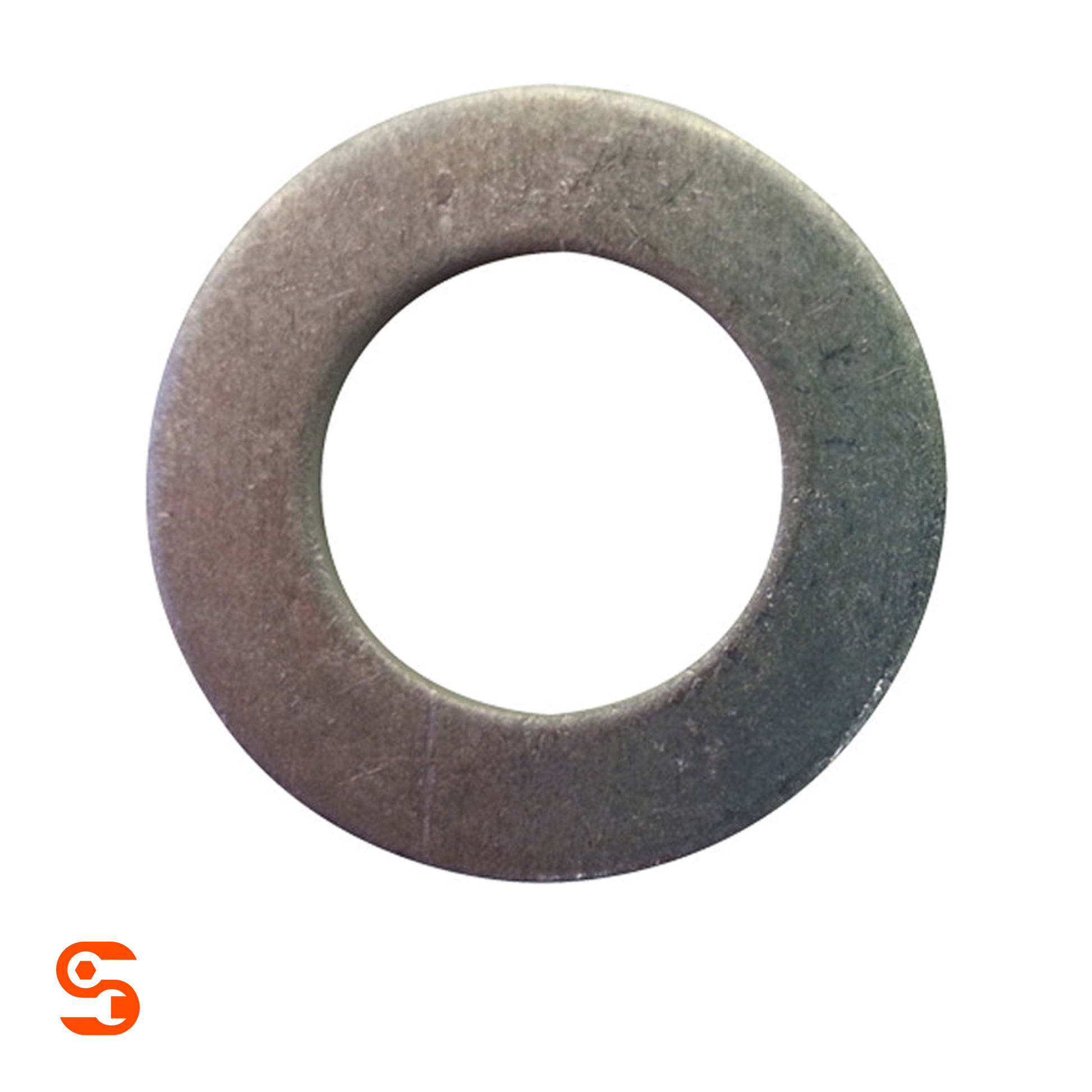 Single M14 aluminum drain plug gasket, round silver washer with central hole on white background