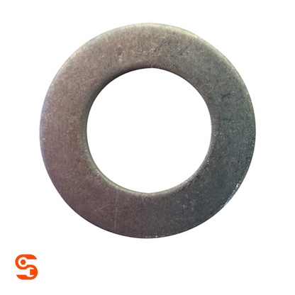Single M14 aluminum drain plug gasket, round silver washer with central hole on white background