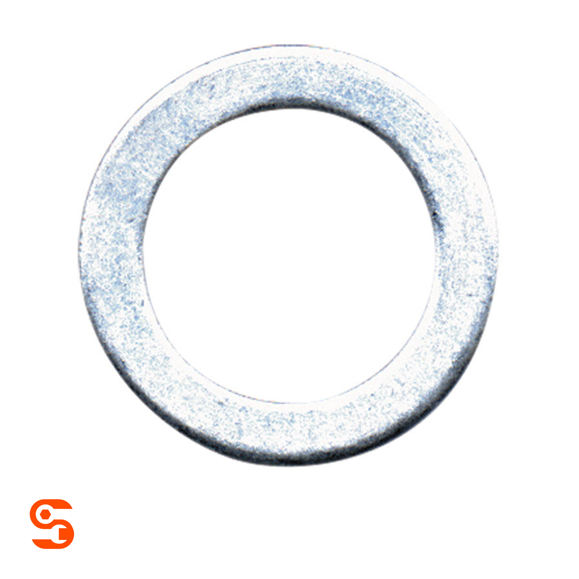Silver aluminum M18 drain plug gasket washer with round flat ring shape on white background