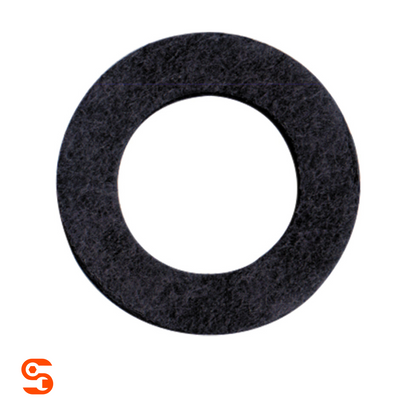 Black fiber M16 drain plug gasket ring with a flat washer shape on a white background