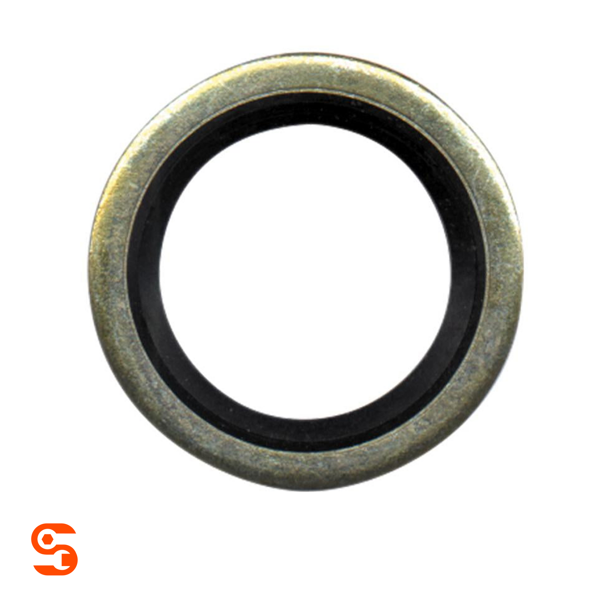 Round M18 drain plug gasket with black rubber inner ring and weathered metal outer ring