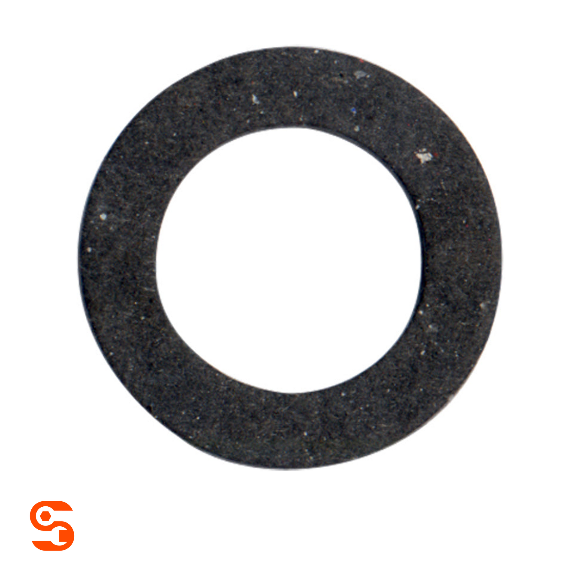 Black circular fiber drain plug gasket with central hole on a white background