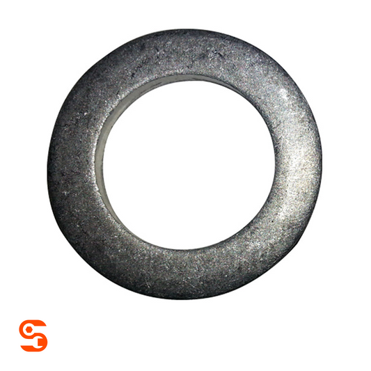 Single silver aluminum drain plug gasket with flat round washer shape and central hole