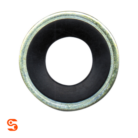 M12 drain plug gasket with black rubber center and silver metal outer ring on white background