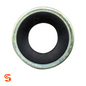 M12 drain plug gasket with black rubber center and silver metal outer ring on white background