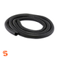 Black corrugated split wire loom tubing coiled in a 100-foot roll on a white background