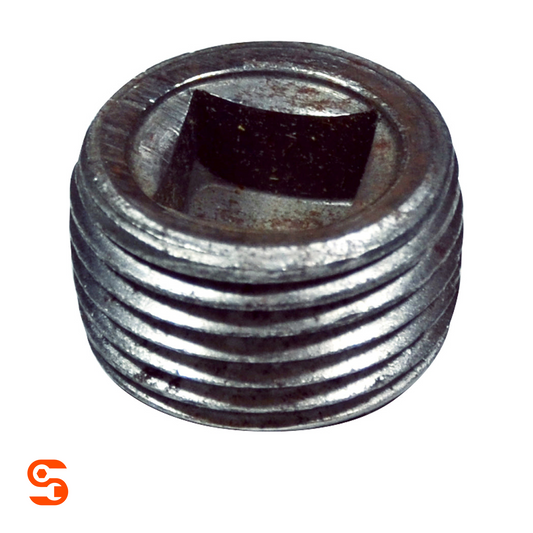 Metal threaded oil drain plug with square socket drive and dark worn finish, single piece