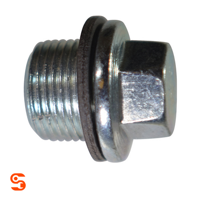 Silver flange hex oil drain plug with M20 threaded end and black rubber gasket on white background