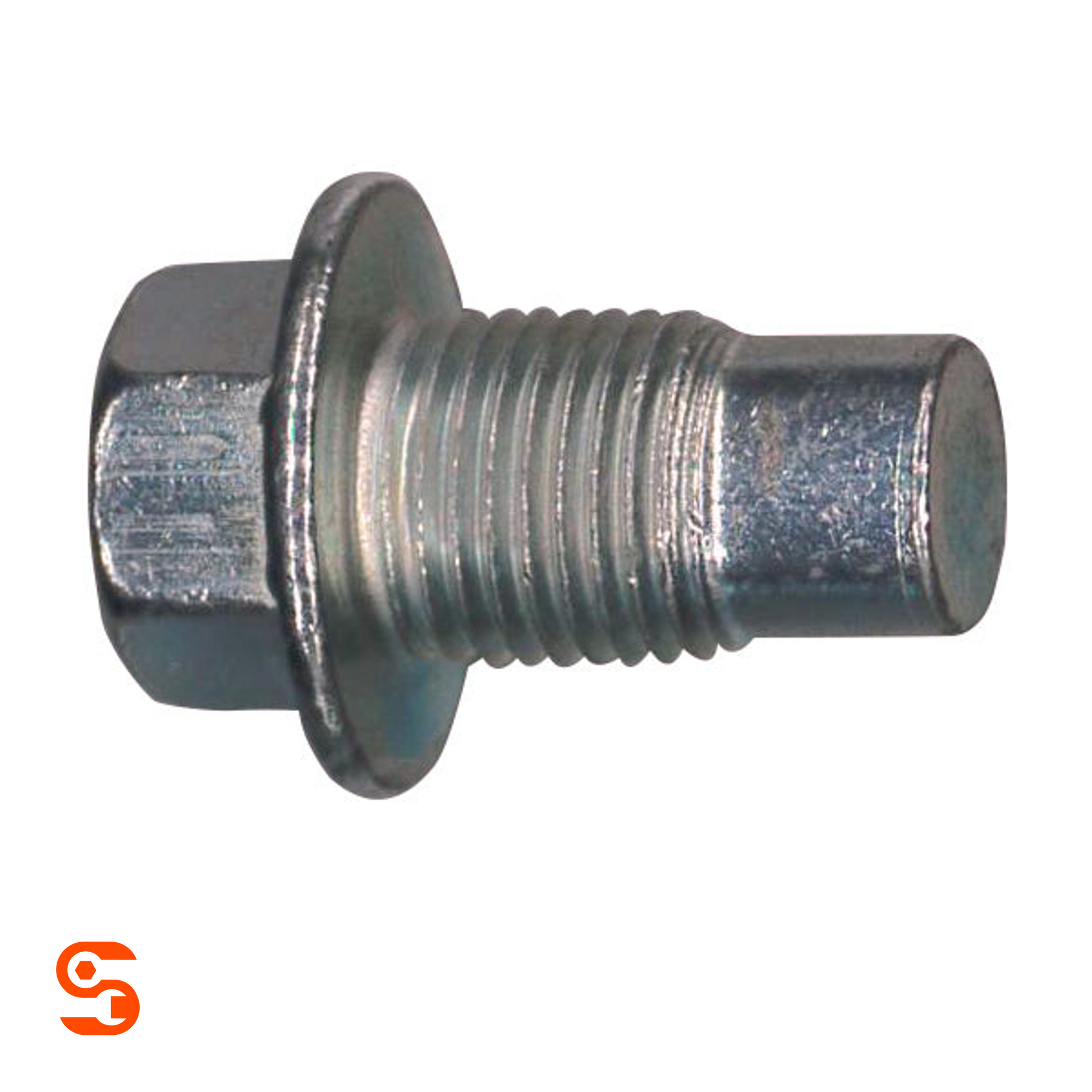 Silver metal flange hex oil drain plug with threaded shaft and pilot point end
