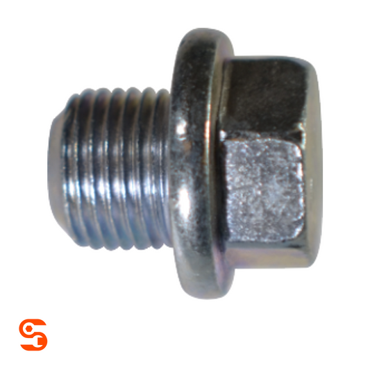 Silver metal flanged hex oil drain plug with threaded M16 shaft and 19mm hex head