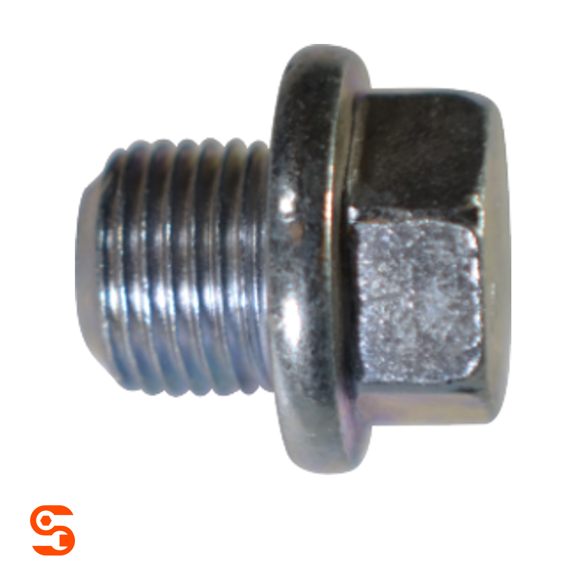 Silver metal flanged hex oil drain plug with threaded M16 shaft and 19mm hex head
