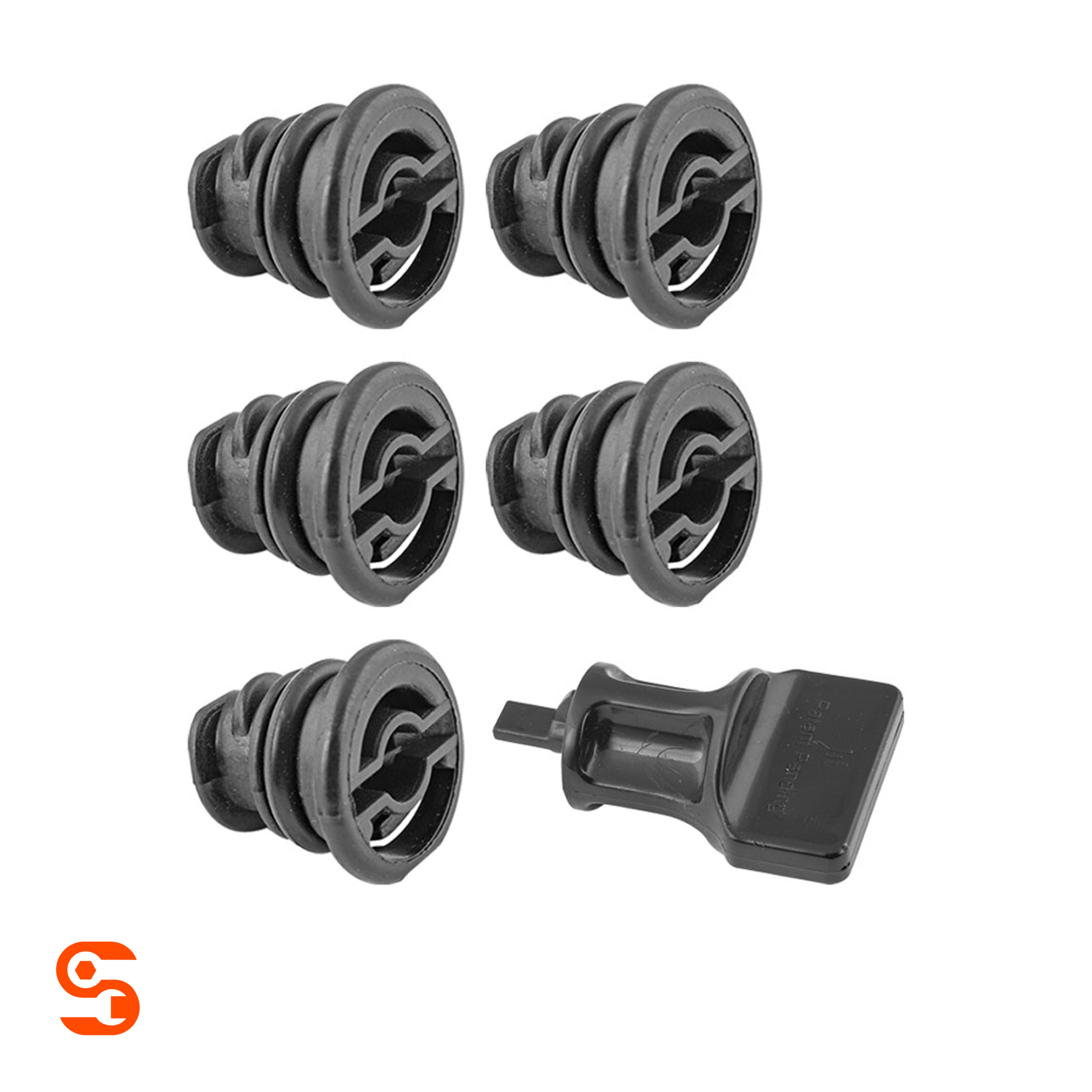 Black plastic Audi/VW oil drain plug kit with five plugs and one matching removal tool on white background
