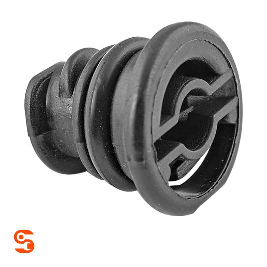Black plastic oil drain plug with slotted head and ribbed cylindrical body