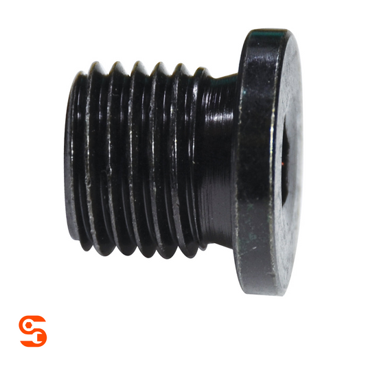 Black flat oil drain plug with M14 threads and square socket drive, shown as a single metal fastener