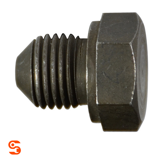 Dark metal hex oil drain plug with M14 threaded shaft and pointed tip