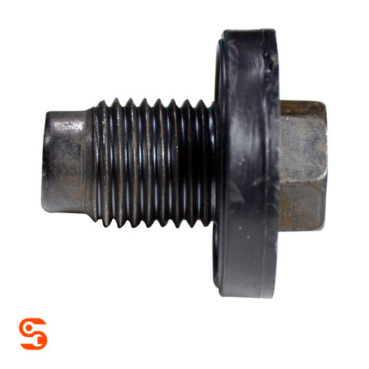 Black M14x1.50 hex oil drain plug with pilot point, threaded shaft, and molded gasket