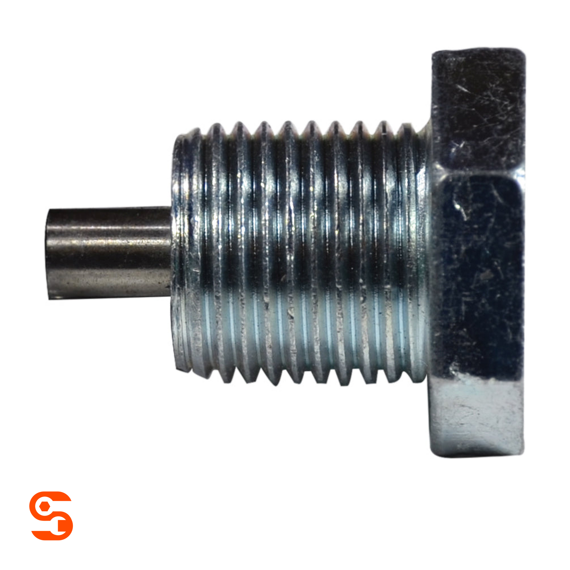 Magnetic flat oil drain plug with M14x1.25 threads, square socket head, and silver metal finish