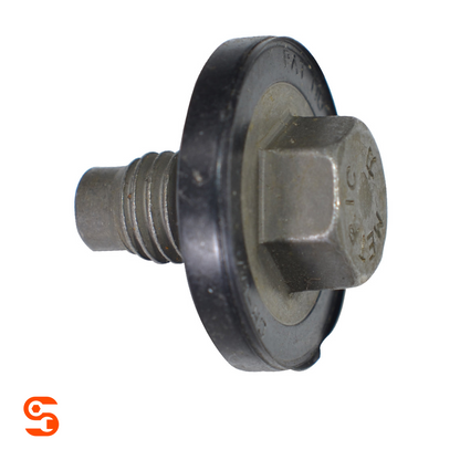 Hex oil drain plug with molded black gasket, metal hex head, pilot point tip, and threaded shaft