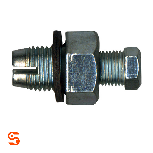 Zinc plated oversize hex oil drain plug with threaded piggyback bolt, black washer, and split tip