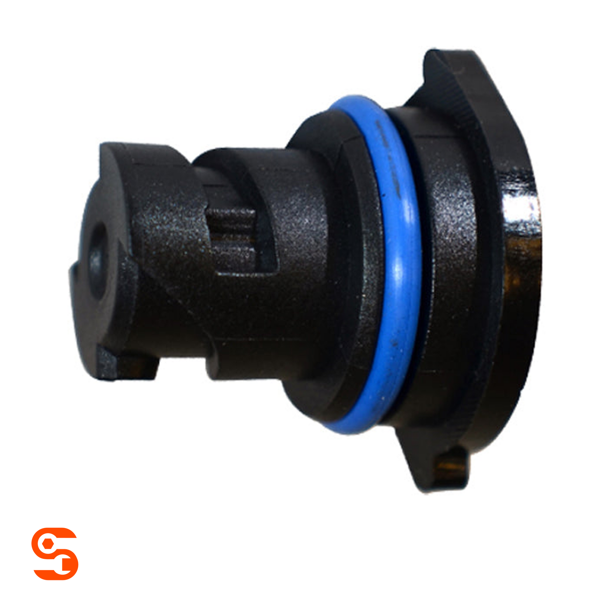 Black plastic GM oil drain plug with blue O-ring gasket and flanged end, single piece