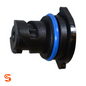 Black plastic GM oil drain plug with blue O-ring gasket and flanged end, single piece