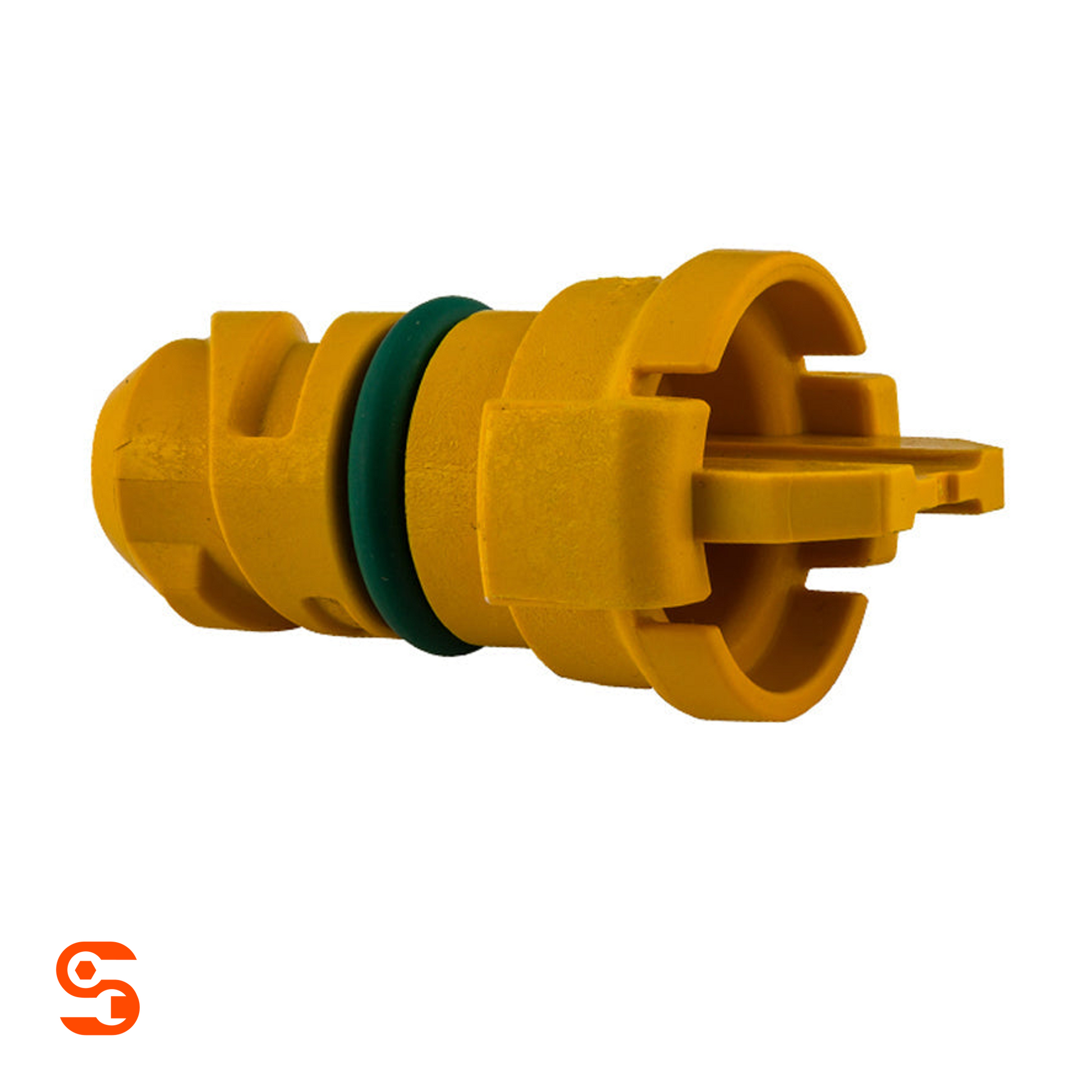 Yellow plastic camlock oil drain plug with green O-ring gasket and internal square fitting