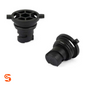 Two black plastic drain plugs for Nissan Rogue with round slotted tops and rubber sealing rings