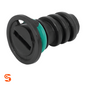 Black plastic Mercedes-Benz drain plug with slotted head, ribbed body, and teal O-ring