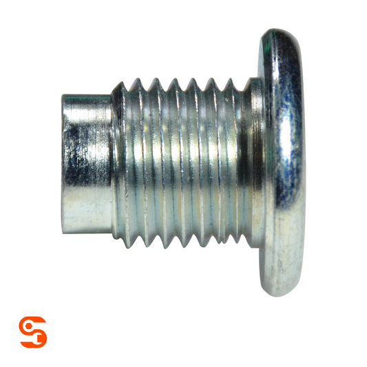 Silver metal flat oil drain plug with Allen socket head, pilot point tip, and threaded shaft