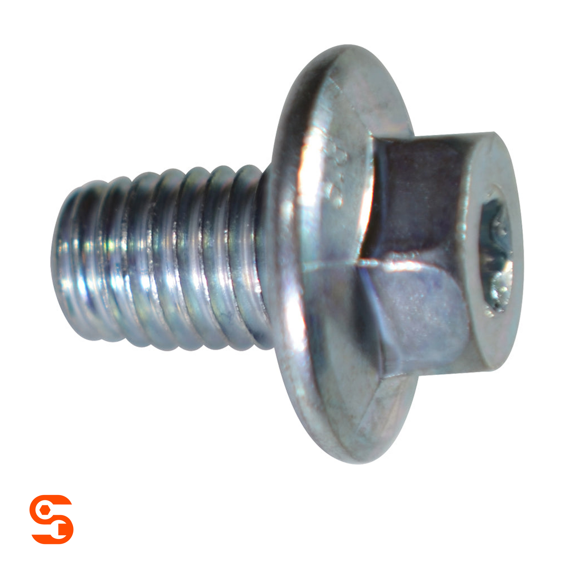 Silver metal M12 oil drain plug with flanged gasket, hex body, threaded shaft, and T45 Torx insert