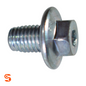 Silver metal M12 oil drain plug with flanged gasket, hex body, threaded shaft, and T45 Torx insert
