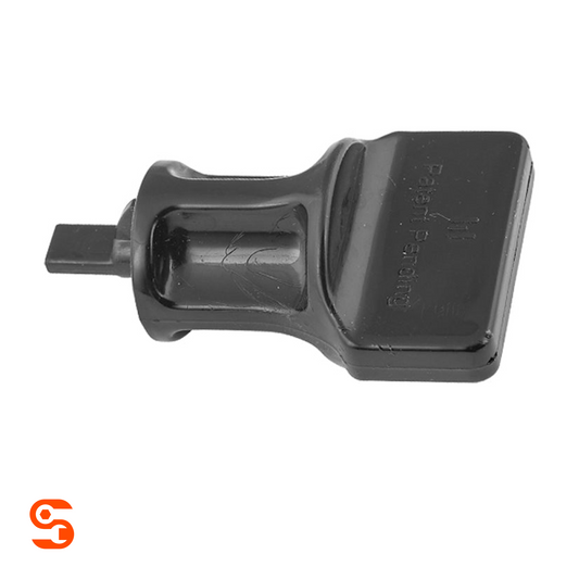 Black plastic drain plug tool with square handle and short square shaft on white background