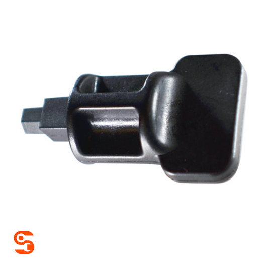 Black plastic oil drain plug tool with square end and wide thumb grip on a white background