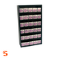 Black wall cabinet holding multiple Dynamic drain plug and gasket packs on shelves
