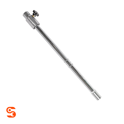 Metal oil drain down tube assembly with long chrome tube, collar, knob, and end fitting on white background