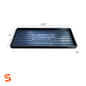 Black rubber rectangular tool tray with raised rim, ribbed base, molded logo, and visible dimension markings