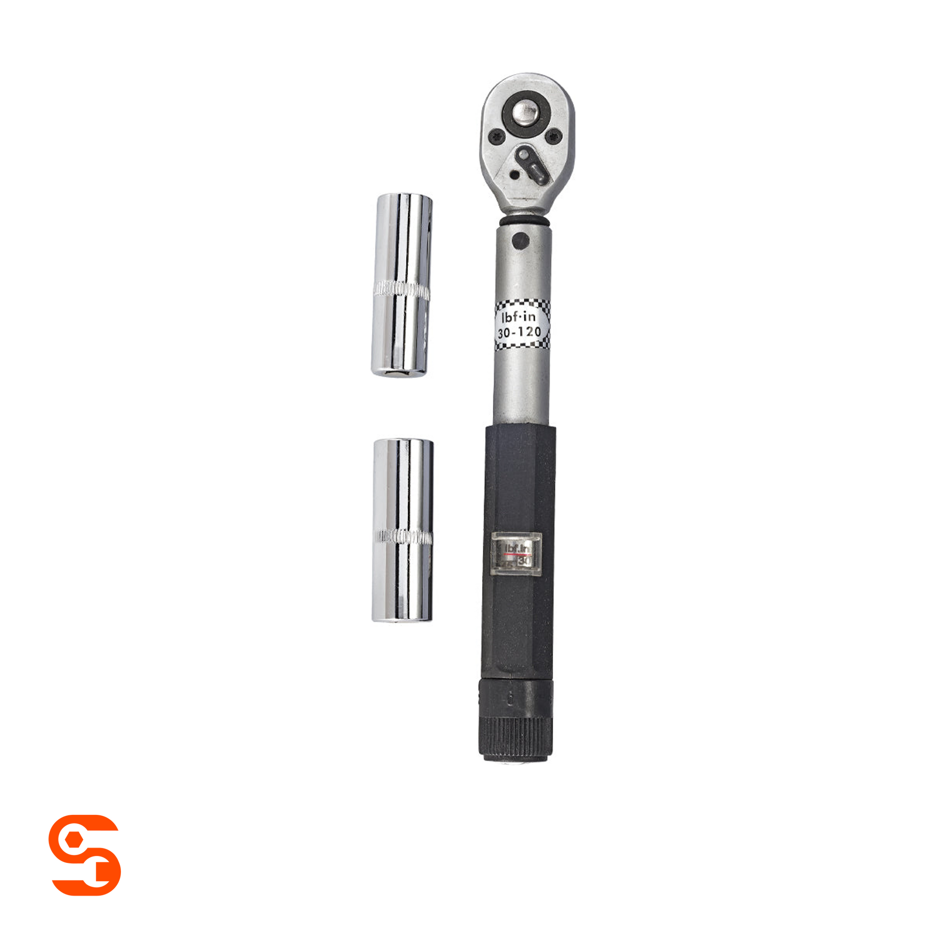 TPMS torque tool with black handle, silver ratchet head, and two chrome sockets on white background
