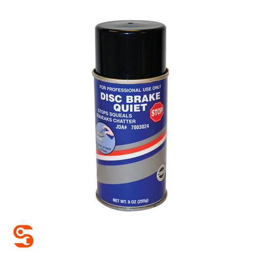 9 oz aerosol can of Disc Brake Quiet brake service spray with black cap and blue, gray, red and white label