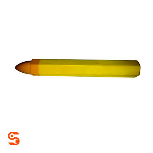 Yellow tire crayon with brown tip and long yellow body on white background