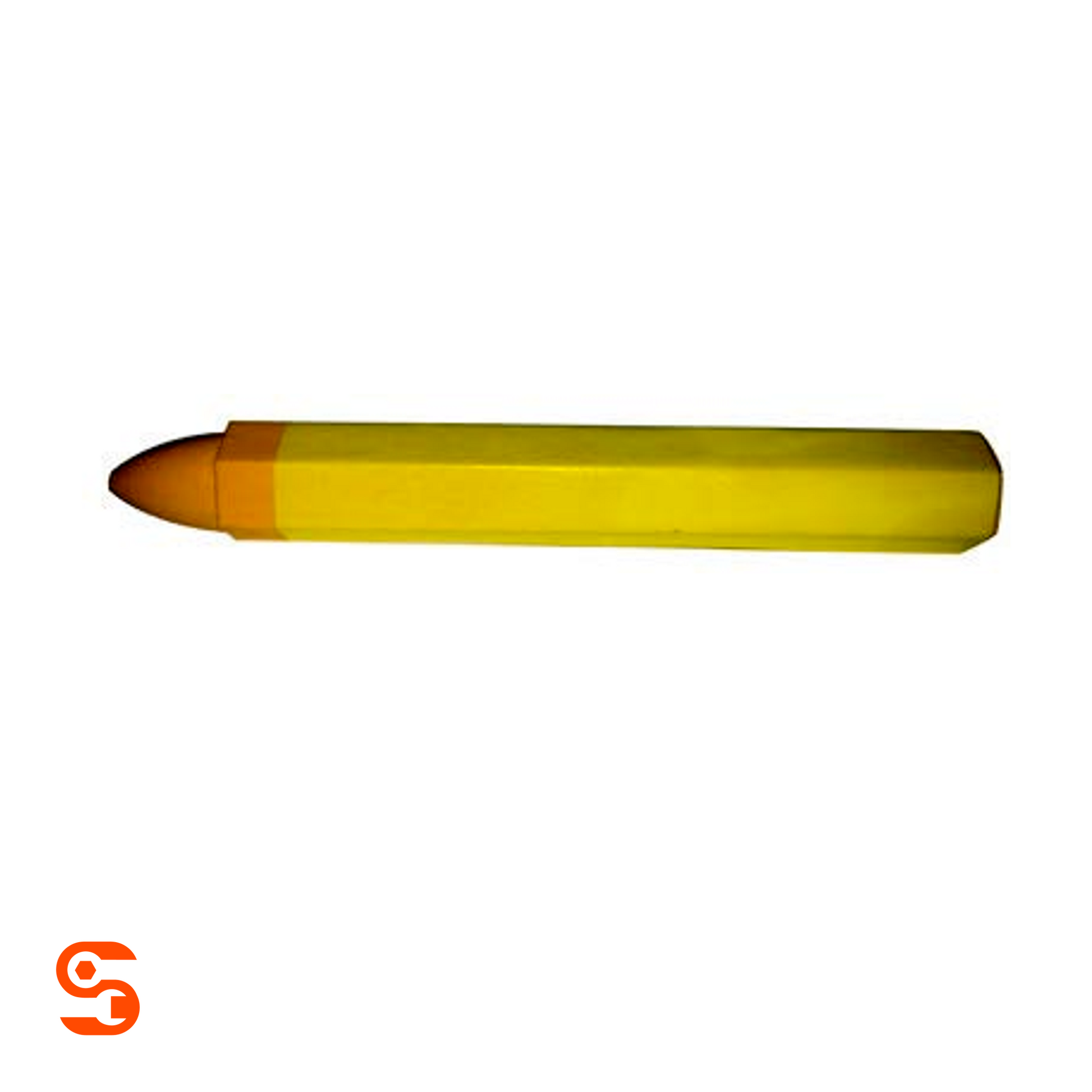 Yellow tire crayon with brown tip and long yellow body on white background