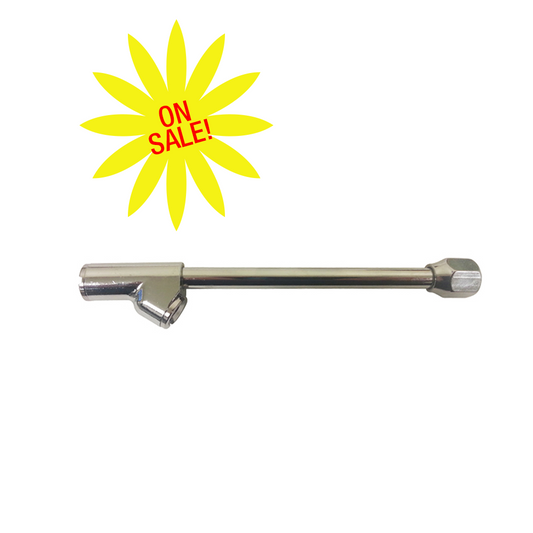 Chrome Plated Dual Foot Tire Chuck | Model: 6999L | Length: 6" Standard Bore | Angle: 30° Straight-On | Thread: 1/4" NPT Female