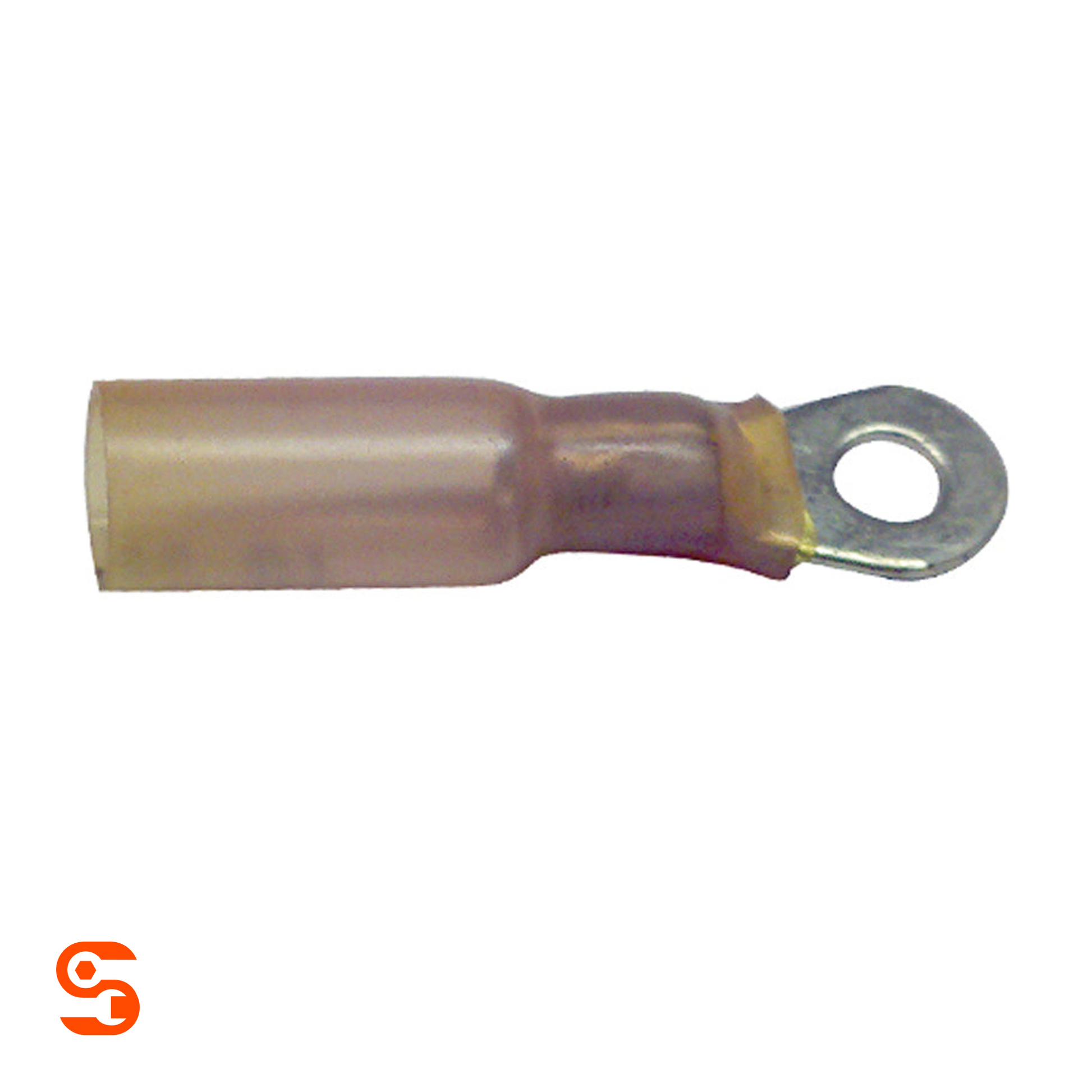Red heat shrink ring terminal with metal eyelet for 22–18 AWG wire
