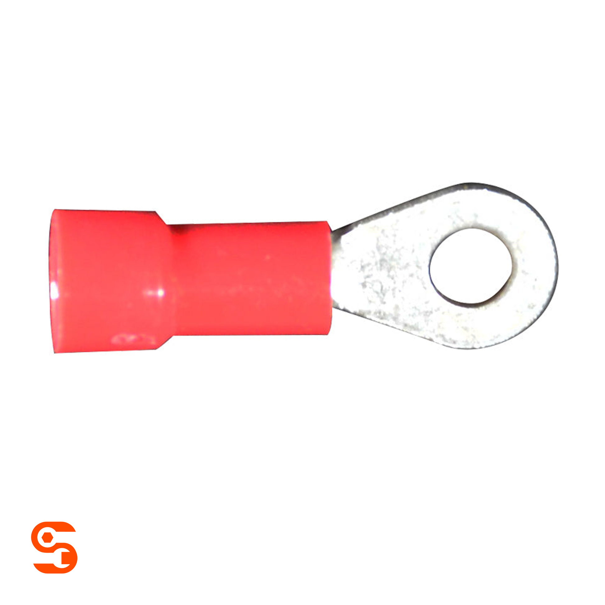 Red vinyl insulated ring terminal with metal eyelet for 22-18 AWG wire