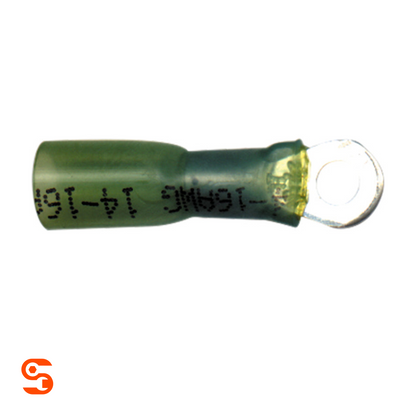 Green heat shrink ring terminal for 16–14 AWG wire with metal eyelet and insulated barrel