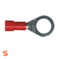 Red vinyl insulated ring terminal for 16–14 AWG wire with metal eyelet connector